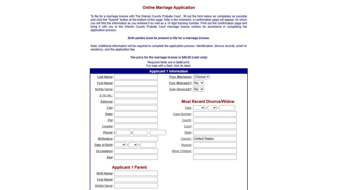 Warren County Probate Court - Marriage Application