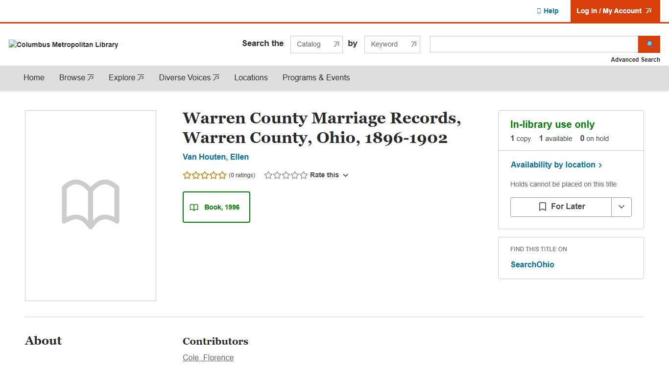 Warren County Marriage Records, Warren County, Ohio, 1896-1902 | Columbus Metropolitan Library | BiblioCommons